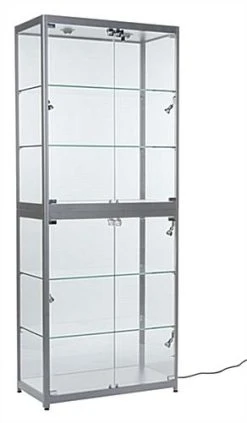 Portable Display Case W/Top & Side Lights, Locking Hinged Door, Carry Case - Silver