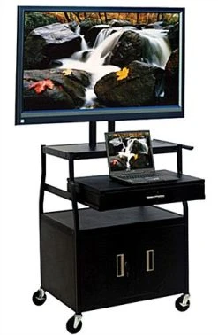 TV Cart With Storage Cabinet & Drawer, With Mount For Monitors Up To 52"- Black