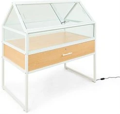 48"w Locking Display Table W/ Tempered Glass Canopy, Sliding Door, LED Light - White -Displays2go Shop casadc.ra3 preview