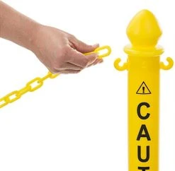 QueuePole.Outdoor Yellow Stanchion Post W/ 6.5’ Yellow Linked Chain, Caution Message -Displays2go Shop crctwsctyw.ra3 preview