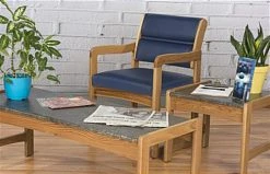 19.5" Seat Height Waiting Room Chair, Medium Oak Finish & Vinyl Upholstery - Blue -Displays2go Shop dw11movb.renv preview