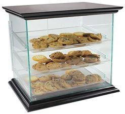 Acrylic Food Display Case With (3) Plastic Removable Trays - Mahogany Base & Top