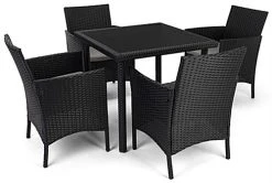 Dining Set W/ 29"h Table, Outdoor, 4 Cushioned Chairs, Synthetic Rattan - Dark Brown