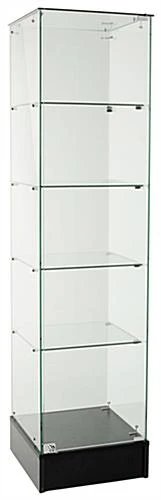 18” Glass Display Case With 4 Fixed Height Shelves, Frameless, Hinged Door – Black