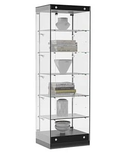 24” Display Case W/ LED Lights, Frameless, Hinged Door, Ships Assembled - Black
