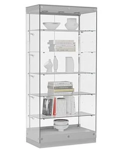 36” Display Case W/ LED Lights, Frameless, Sliding Doors, Ships Assembled - Silver