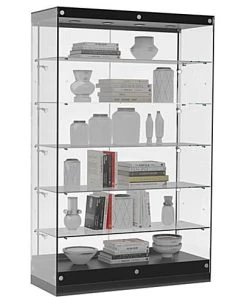 48” Display Case W/ LED Lights, Frameless, Sliding Doors, Ships Assembled - Black