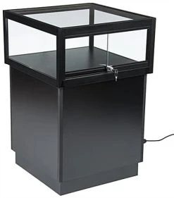 Pedestal Display Case With MDF Base, Sliding Glass Door & LED Lights - Black -Displays2go Shop jdshcpma2c back 6321 r3 preview