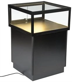 Pedestal Display Case With MDF Base, Sliding Glass Door & LED Lights - Black -Displays2go Shop jdshcpma2c front lights 6310 r1 preview