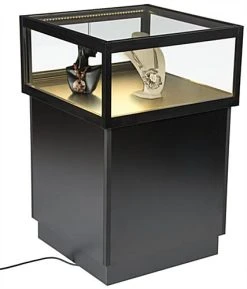 Pedestal Display Case With MDF Base, Sliding Glass Door & LED Lights - Black