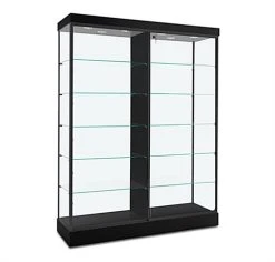 60" Glass Display Case W/ Top & Side Lights, Wheels, Locking Sliding Door - Black