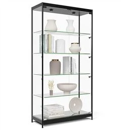 40" Display Case W/ LED Top & Side Lights, 4 Fixed Shelves, Hinged Doors - Black