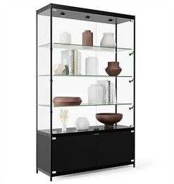 48” Display Case W/ 7 LED Top & Side Lights, 3 Fixed Shelves, Hinged Doors - Black