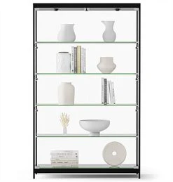 48” Display Case W/ 9 LED Top & Side Lights, 4 Fixed Shelves, Hinged Doors - Black -Displays2go Shop lesc4816bk.ra5 preview