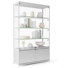 48” Display Case W/ 7 LED Top & Side Lights, 3 Fixed Shelves, Hinged Doors - Silver