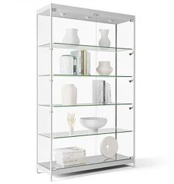 48” Display Case W/ 9 LED Top & Side Lights, 4 Fixed Shelves, Hinged Doors - Silver
