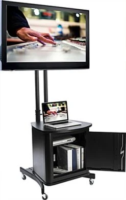 TV Stand W/ Locking Cabinet Fits Monitors 32”-65”, Collapsible W/ Carry Case – Black -Displays2go Shop mbtvkdbkcrt.ra2 preview