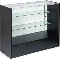 Retail Counter W/ Black Finish, Tempered Glass Adjustable Shelves & Sliding Doors