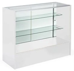 4' Retail Counter W/ White Finish, Tempered Glass Adjustable Shelves & Sliding Doors