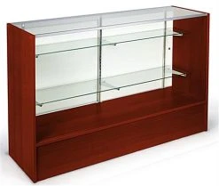 Retail Counter W/ Cherry Finish, Adjustable Tempered Glass Shelves & Sliding Doors