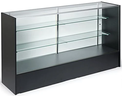 Retail Counter w/ Black Finish, Adjustable Tempered Glass Shelves & Sliding Doors Retail Counter W/ Black Finish, Adjustable Tempered Glass Shelves & Sliding Doors -Displays2go Shop mrc6blkkd.rw preview