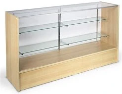 Retail Counter W/ Maple Finish, Adjustable Tempered Glass Shelves & Sliding Doors