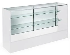 Retail Counter W/ White Finish, Adjustable Tempered Glass Shelves & Sliding Doors