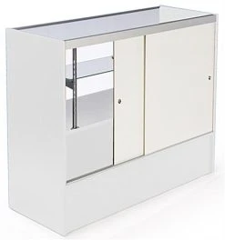 4’ Display Counter W/ White Finish, Adjustable Tempered Glass Shelf & Sliding Doors -Displays2go Shop mrchv4whkd.ra5 preview