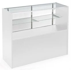 4’ Display Counter W/ White Finish, Adjustable Tempered Glass Shelf & Sliding Doors