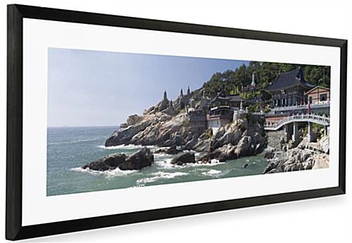 36" x 12" Black Panoramic Picture Frame with White Mat Board 36" X 12" Black Panoramic Picture Frame With White Mat Board -Displays2go Shop pnfa3612mb angled matted preview