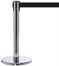 Mini Stanchion W/ 11’ Black Retractable Belt, Weighted Base - Silver