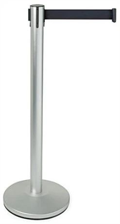 QueuePole.Economy 41.5" Stanchion Post With 6.5' Black Retractable Belt - Silver