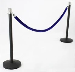 QueuePole Round (2) 39" Black Stanchion Posts W/ Chrome Tops & 6.5' Blue Rope