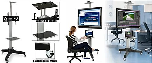 TV Stand with Camera & AV Shelf, Fits Monitors 32”-65”, Height Adjustable TV Stand With Camera & AV Shelf, Fits Monitors 32”-65”, Height Adjustable -Displays2go Shop tvjt225tb2.wide preview