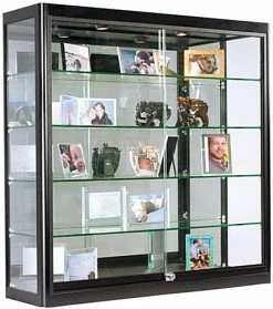 3x3 Wall Mounted Display Case W/Mirror Back & 2 Top LED Lights, Locking - Black