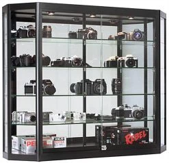 4x3 Wall Mounted Display Case W/Mirror Back & 3 Top LED Lights, Locking - Black