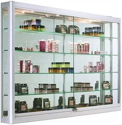 5ft. Wall Mounted Display Case W/4 Top LED Lights & Mirror Back, Locking - Silver