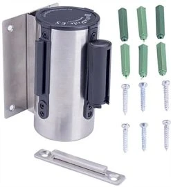 QueuePole.Economy Wall Mounted Retractable 7' Stanchion Belt - Black & Silver -Displays2go Shop wmsll25bk2.ra7 preview