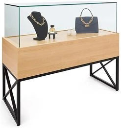 45" Glass Display Case With Locking Drawers, Frameless, Ships Assembled - Wood Grain